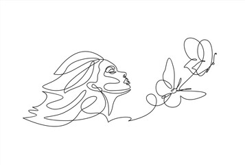 Wall Mural - Beautiful woman face with butterfly. Abstract composition hand draw continuous line. Hand-drawn vector line-art illustration. One Line style drawing.