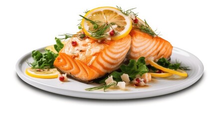 Wall Mural - Fresh cooked delicious salmon steak with spices and herbs baked on a grill. Healthy seafood food