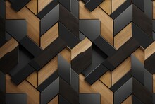Geometric Seamless 3D Pattern In Black With Dark Gold And Wood Elements. Random Series. 3d Illustration, Generative AI