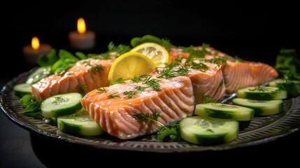 Wall Mural - Fresh cooked delicious salmon steak with spices and herbs baked on a grill. Healthy seafood food