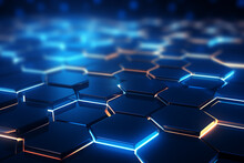 Hexagon Pattern Connection Abstract Futuristic Neon Blue Light Background, 3d Render Backdrop Banner.