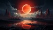 The sky blushed as the red moon danced over the tranquil river, a wild and enchanting sight that stirred the soul