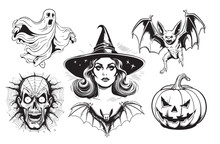 Halloween Symbols Set Sketch Hand Drawn In Comic Style .illustration Holiday Of The Dead