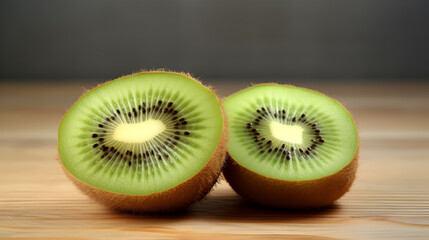 Wall Mural - Close-up of a sliced kiwi with green pulp and black seeds, emphasizing its exotic and healthy appeal. Perfect for organic lifestyle promotions.