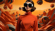 © Envision - A vibrant and playful woman dons a bold orange dress and stylish white sunglasses, exuding an animated and artistic energy with her colorful attire and unique accessories
