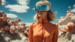 A woman in stylish sunglasses gazes at endless desert sky, her goggles shielding her from blazing sun as she stands confidently in her outdoor oasis, a true vision of strength and determination