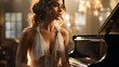A jazz pianist immerses herself in the soulful melodies, her fingers dancing across the clavier as she sits gracefully in her indoor sanctuary, clothed in elegant notes of passion and talent