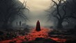 A lone figure cloaked in crimson stands amidst ethereal fog of mysterious forest, their gaze fixated on towering trees that reach towards the ever-changing sky in this untamed outdoor landscape