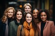 © Georgii - Half-length portrait of six cheerful young diverse multiethnic women outdoors. Female friends in outwear smiling at camera while posing together. Diversity, beauty, friendship concept.