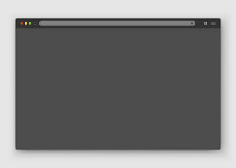 Fototapete - The design of the web browser window in gray on a dark background. Vector frame of a website template with a shadow. Night mode theme. Vector illustration.