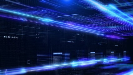Aufkleber - Technology digital grid line hologram big data vertical landscape view concept. HUD UI system hologram, ai construction 4K motion background