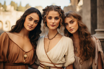 Photo of three young women in ancient Rome, wearing ancient Roman clothes, summer

