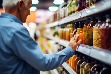 Wall Mural - senior Caucasian man choosing a product in a grocery store. Neural network generated image. Not based on any actual person or scene.