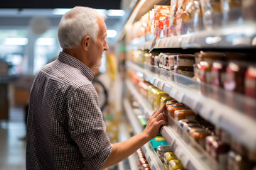 Wall Mural - senior Caucasian man choosing a product in a grocery store. Neural network generated image. Not based on any actual person or scene.