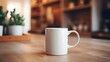 hot drink coffee in white ceramic mug on wooden counter top with interior kitchen design blur background