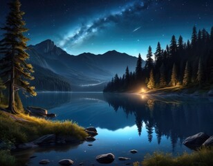 Serene night landscape in forest retreat with Milky way and a lake with forest and mountains and a fire at a distance