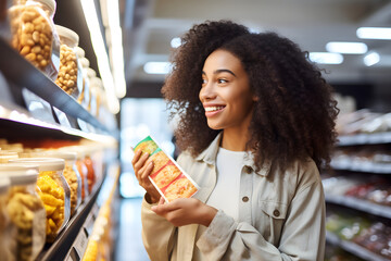 Wall Mural - young adult African American woman choosing a product in a grocery store. Neural network generated image. Not based on any actual person or scene.