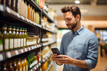 Wall Mural - young adult Caucasian man choosing a product in a grocery store. Neural network generated image. Not based on any actual person or scene.