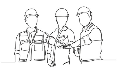 Wall Mural - continuous line drawing of Engineer team to join hands together, accept agree cooperation and success concept.