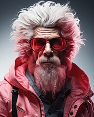 Sticker -  an old man with white hair and red glasses wearing a pink jacket.  generative ai