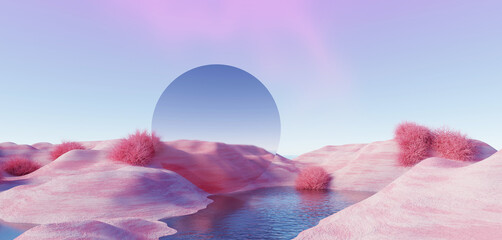 Wall Mural - 3d render, abstract surreal pastel landscape background with arches and podium for showing product, 