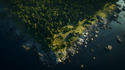 Wall Mural - Aerial view of a beautiful summer landscape with a path leading to the sea