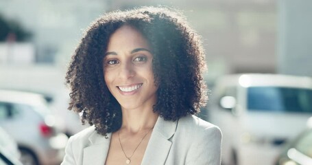 Wall Mural - Business woman, smile and outdoor person in the city sunlight feeling happy in summer, Portrait of a person from New York with happiness and relax feeling in the sunshine smiling with confidence