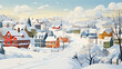creative illustration of a snow-covered village in winter