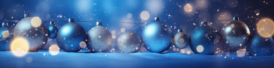 Poster - Christmas background with blue and silver baubles and bokeh lights
