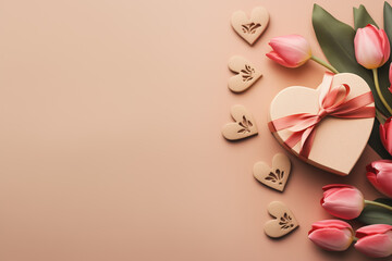 Wall Mural - festive layout with tulips and a gift with ribbons on a pastel background. copy space. top view. flat lay. concept of mother's day, valentines day, eighth of march