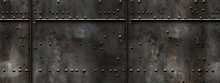 Seamless Dark Black Grungy Old Steel Floor Plate Background Texture. Tileable Charcoal Grey Industrial Rusted Scratched Metal Bulkhead Panel Pattern.