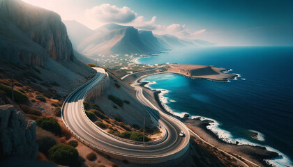Wall Mural - Photo of a road curving along the coastline, offering breathtaking views of the deep blue sea and a cloudless sky