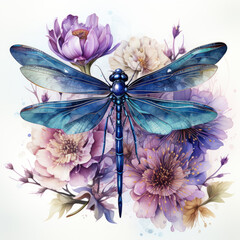 Wall Mural - watercolor Dragonfly Flower clipart, Generative Ai