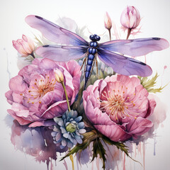 Wall Mural - watercolor Dragonfly Flower clipart, Generative Ai