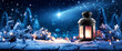 A lamp shining with warm light against the background of a winter forest and the night sky with a bright shooting star