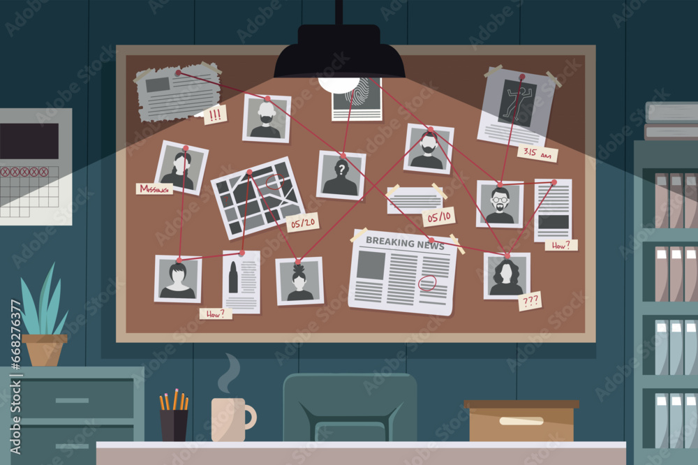 Detective office interior with investigation board. Cartoon interior of ...