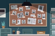 Detective office interior with investigation board. Cartoon interior of detectives room with desk, board on wall and elements of investigation. Detective workplace. Vector stock