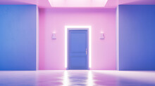 Interior Of Empty Room With Blue And Pink Walls And Wooden Pink Door

