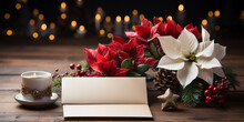 Festive Christmas Decorations With Flowers Poinsettia And Candle. Festive Decoration With Red Artificial Poinsettia Flowers As Christmas Symbol And Illuminated Garland On Bokeh. AI Generative