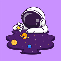 cute astronaut playing planet and star in space cartoon vector icon illustration science technology 