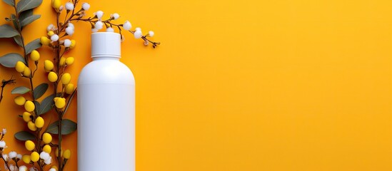 Poster - Empty yellow background with a label less cosmetic bottle and cotton branch on a colorful stand photographed from above with space around it