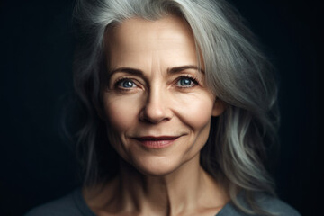 Wall Mural - Happy beautiful elderly senior model with grey hair, closeup portrait of beauty mature old woman, face skin with wrinkles, black background