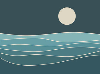 Full Moon Night Blue Ocean Wave landscape, dark seascape, boho 70's style graphic design, midnight blue sea water with abstract vintage art illustration, nautical gradient background moonlight pattern
