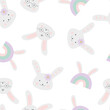 Childish Easter background with rabbit faces and rainbows.
