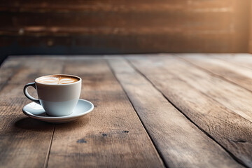 A latte coffee on a wood table with copy space.