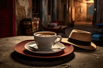 Vintage Cuban Cafe with espresso coffee & hat on a wood table. Generative AI