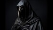 A mysterious figure emerges from the shadows, wearing a long cloak and a face mask similar to that of a medieval plague doctor. Created using Generative AI technology.