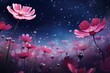 Abstract background with pink flowers and starry night sky