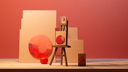 Poster - A painting easel and a red painting on a table, AI