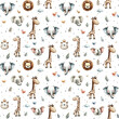 Watercolor childish seamless pattern with cute jungle animals: elephant, lion, giraffe and birds isolated on white background.
